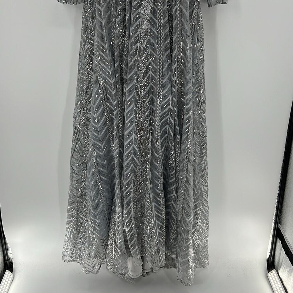 Mac Duggal 20189 Silver Embellished Illusion Long Sleeve Wrap Over A Line Gown - Picture 5 of 14
